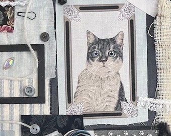 Cat #2 Stitch Kit Fabric Pack Kitty Junk Journal Hand Sew Embroidery