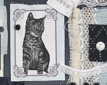 Cat #3 Stitch Kit Fabric Pack Kitty Junk Journal Hand Sew Embroidery