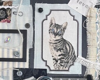 Cat #1 Stitch Kit Fabric Pack Kitty Junk Journal Hand Sew Embroidery