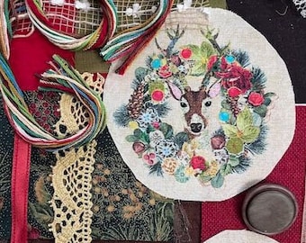 Deer Buck Christmas Wreath Slow Stitch Kit Fabric Pack Junk Journal Multi Media