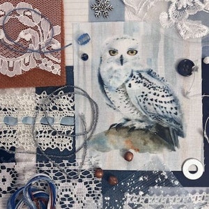Kit de point lent Snowy Owl Fabric Pack Couture à la main Junk Journal Mixed Media Bundle