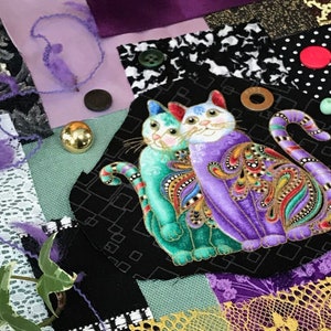 Slow Stitch Kit Mardi Gras Cat Kitty Junk Journal Mixed Media Fabric Art
