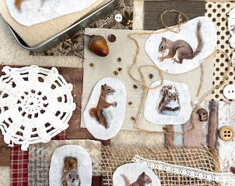 Squirrels Fabric Pack and Wee Journal Slow Stitch Multimedia Travel Tin