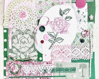 Slow Stitch Fabric Pack Pink Embroidered Flower Junk Journal Mixed Media Collage Art