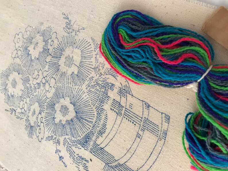 Two Bright Vintage Crewel Embroidery Printed Linen Kits