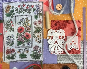 Flowers Slow Stitch Kit Botanical Bouqets  Fabric Pack Junk Journal Sashiko Hand Stitching Sewing