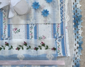 Blue Crochet Hankie Slow Stitch Kit: Fabric Pack, Art Collage