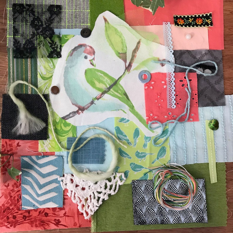 Watercolor Bird w Green Wing Fabric Pack Hand Stitching Junk Journal Art Collage Slow Stitch Kit