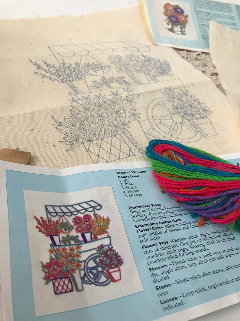 Two Bright Vintage Crewel Embroidery Printed Linen Kits