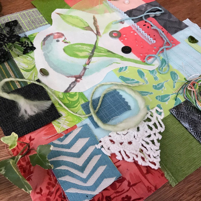 Watercolor Bird w Green Wing Fabric Pack Hand Stitching Junk Journal Art Collage Slow Stitch Kit