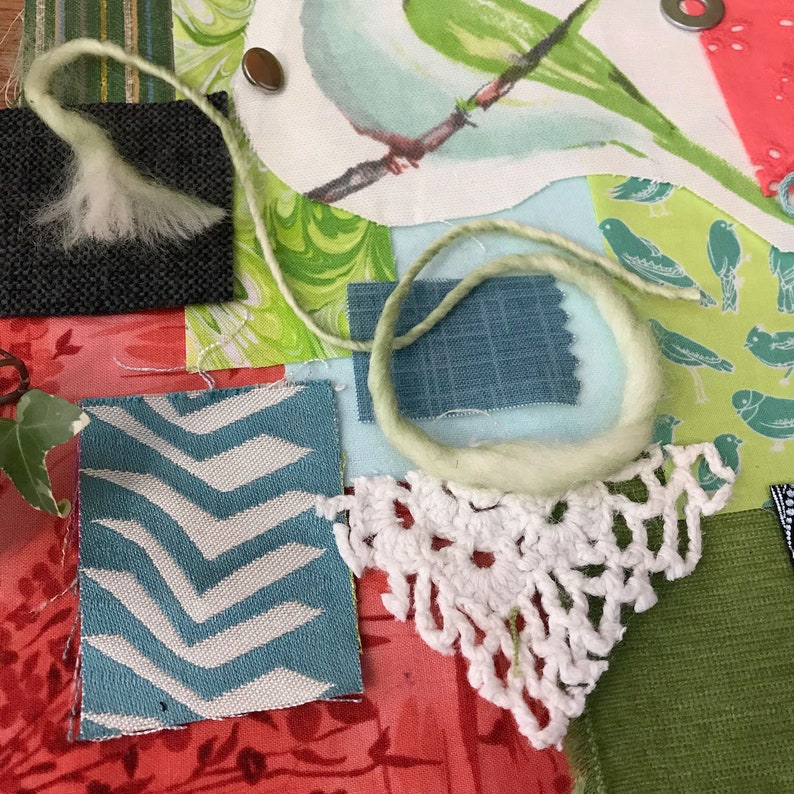 Watercolor Bird w Green Wing Fabric Pack Hand Stitching Junk Journal Art Collage Slow Stitch Kit