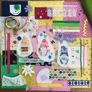 May include: A collection of fabric scraps, trims, and embellishments for crafting, including gnomes, snowflakes, and Easter-themed elements. The fabrics are in various colors and patterns, including pink, yellow, green, blue, and white.