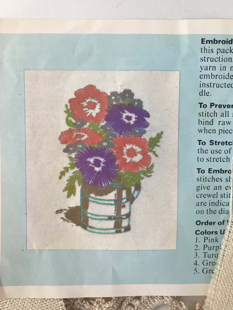 Two Bright Vintage Crewel Embroidery Printed Linen Kits