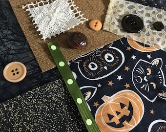Slow Stitch Fabric Kit: Halloween Pumpkins, Cats, Owls - Wabi Sabi Art Collage