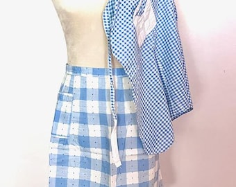 TWO Vintage Apron Half Length Blue and White Gingham Check Collectible with Pocket