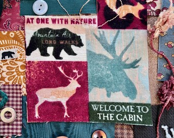 Slow Stitch Junk Journal Rustic Fabric Pack Cabin Bear Elk Squirrel with Vintage Fabrics