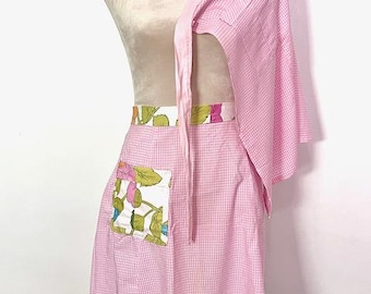 TWO Vintage Aprons Half Length Feed Sack Pink Gingham Collectible
