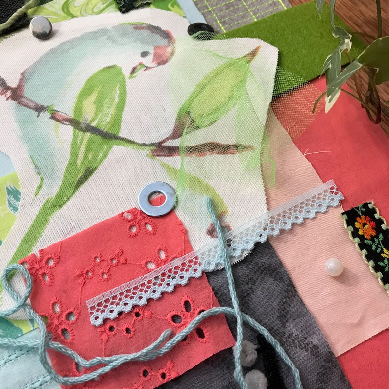 Watercolor Bird w Green Wing Fabric Pack Hand Stitching Junk Journal Art Collage Slow Stitch Kit