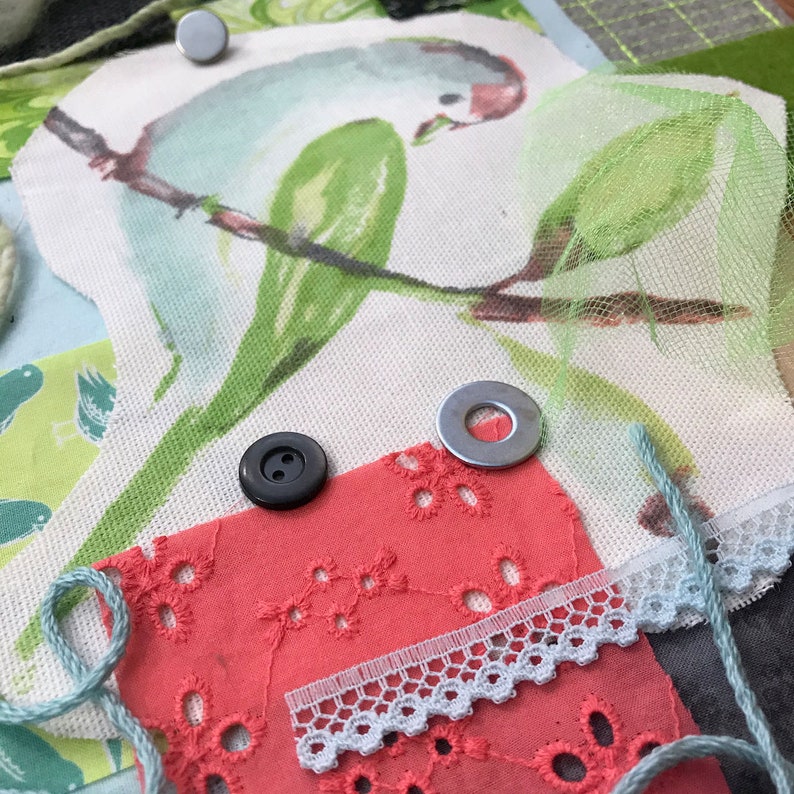 Watercolor Bird w Green Wing Fabric Pack Hand Stitching Junk Journal Art Collage Slow Stitch Kit