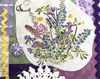 Flowers Slow Stitch Fabric Pack Junk Journal Multimedia Collage Lupine Daffodils