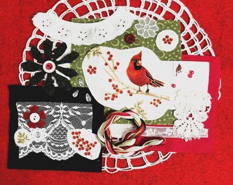 Slow Stitch Kit: Vintage Doily, Cardinal Fabric Pack, Hand Sewn Collage