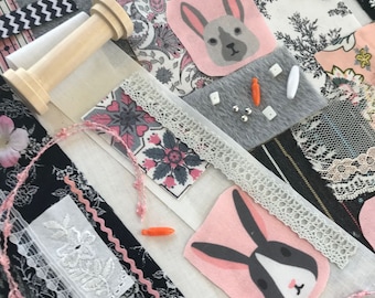 Snippet Roll Rabbit Slow Stitch Kit Easter Spool Pack Mixed Media Collage Art Bobbin