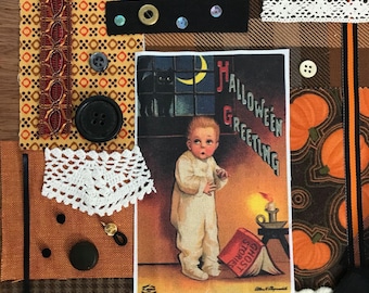 Halloween Scared Boy Fabric Kit: Vintage Hand Stitch Collage Quilt