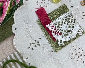 Vintage Circle Doily Green Slow Stitch Fabric Pack Bundle Art Collage Multimedia Hand Sew