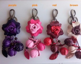 Genuine Leather Handcraft Keychain Women Fashion Flower KeyRing Purse Handbag Charm Accessories No.07-2