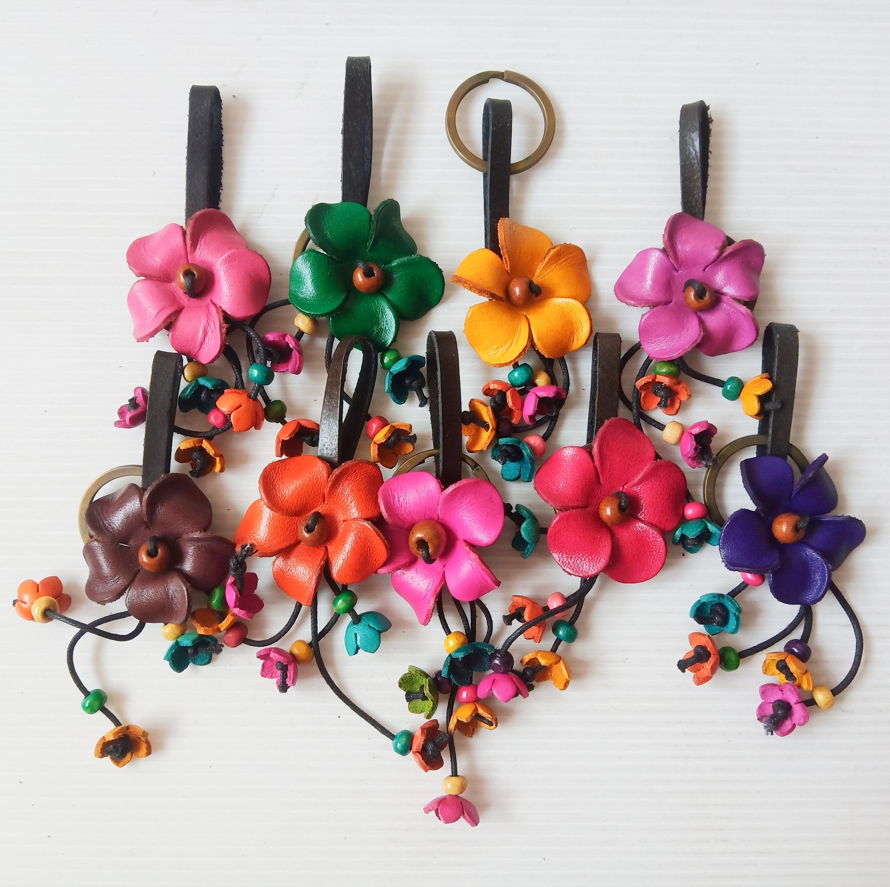 Handmade Leather Flower Keychain, Genuine Petal Bag Charm, Simple