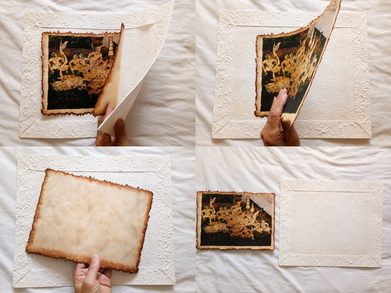 May include: A vintage-style photo of a scene from a play or movie is being framed with a white mat and a decorative border. The photo has a distressed, aged look with brown edges and a faded appearance. The mat is white with a raised, textured design.