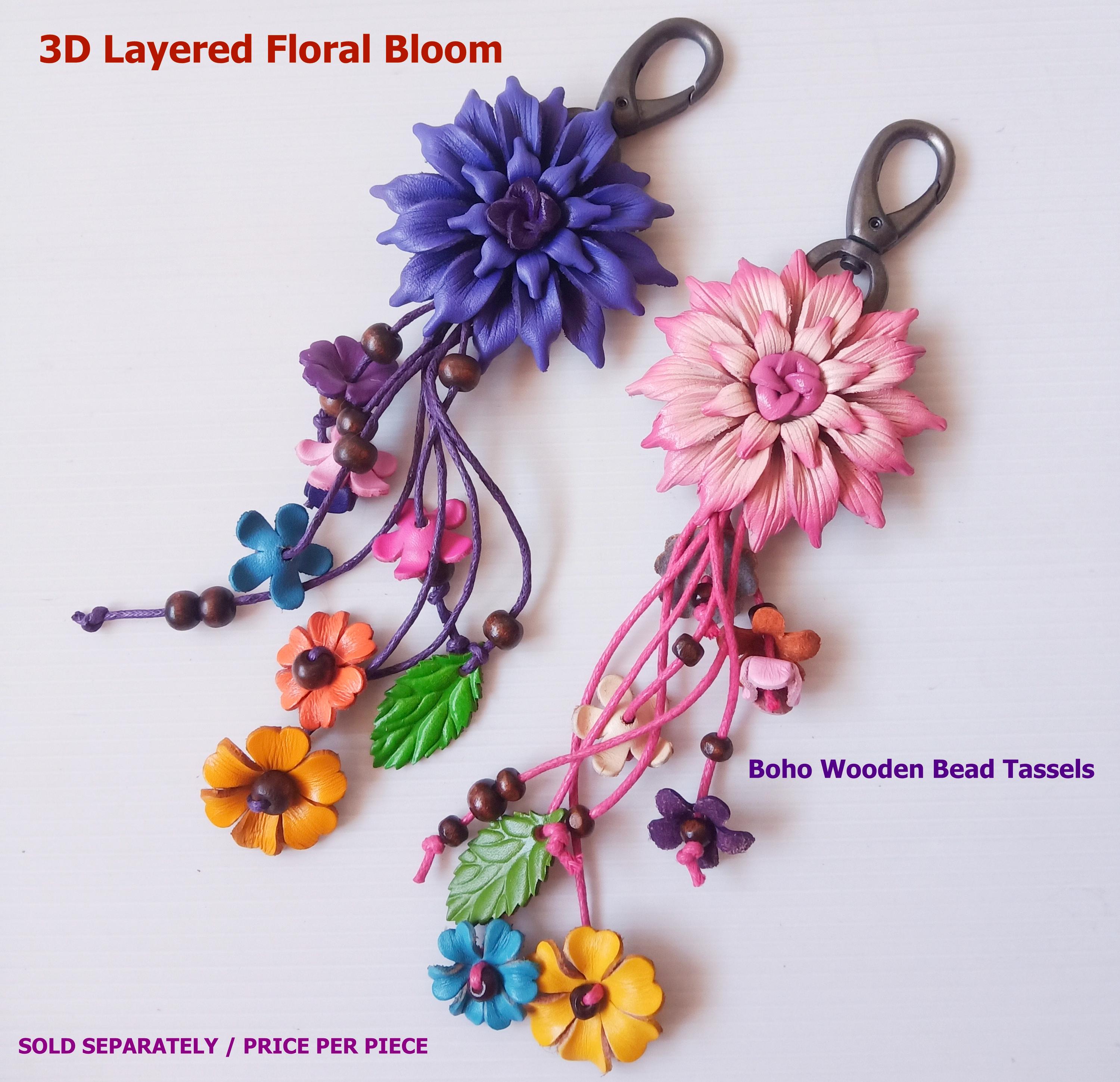 アクセサリー LI'S CRAFT999 Handmade Puffy Leather Flower Keychain, Floral Tassel Bag Charm No