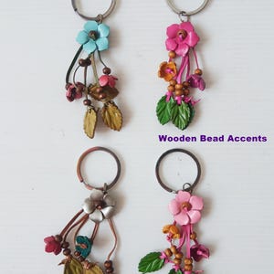 Handmade Leather Flower Keychain, Boho Embossed Leaf Wooden Bead Bag Charm No.15