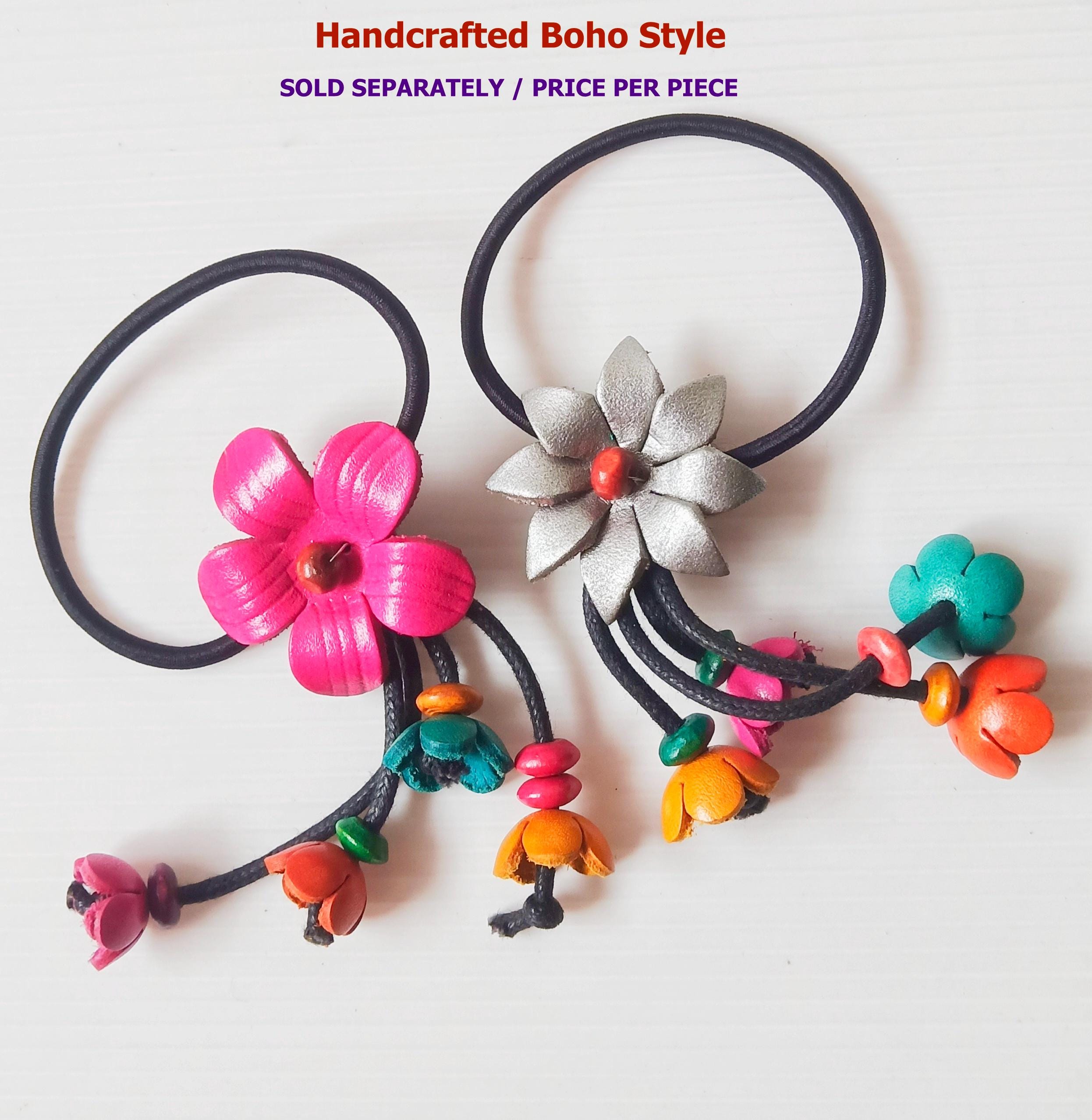 Handmade Leather Flower Hair Tie, Boho Floral Hair Accessory