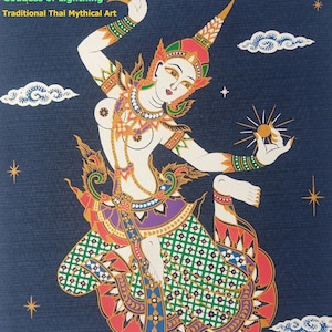 May include: A dark blue fabric print featuring the text Goddess of Lightning and Traditional Thai Mythical Art. The illustration depicts a figure in ornate attire, holding a glowing orb, surrounded by stylized clouds and stars in the night sky.
