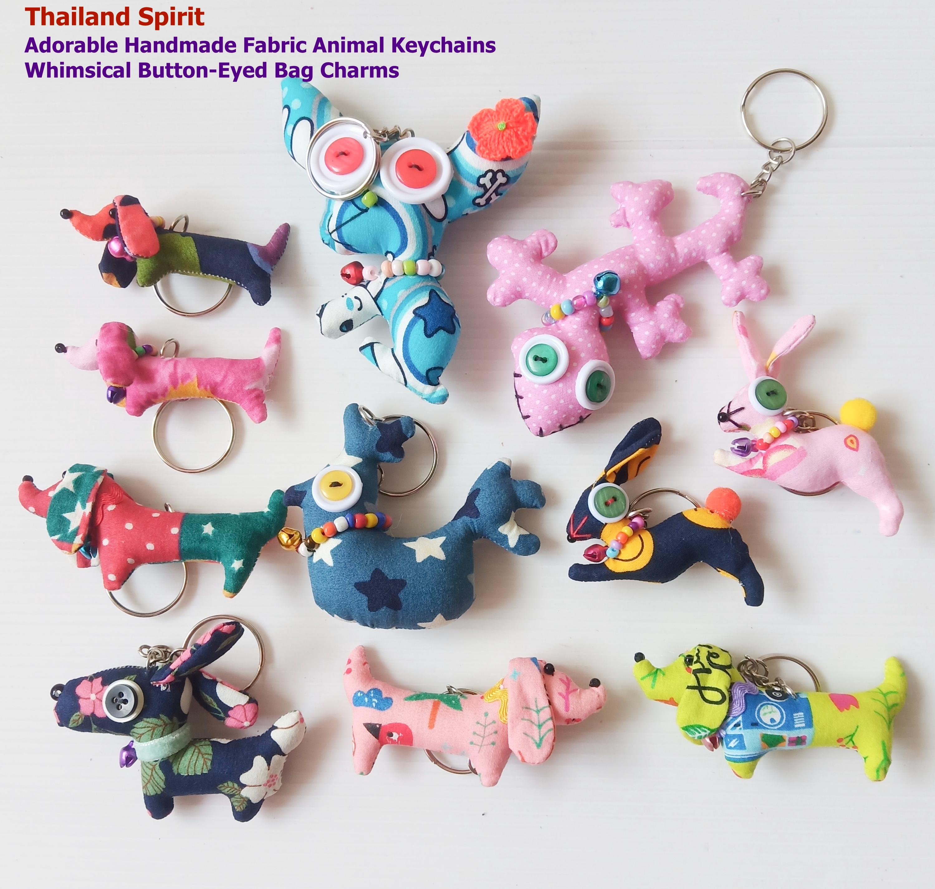 Handmade Fabric Animal Keychains, Lizard Dog Rabbit Chicken Bag