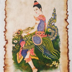Antique Kinnaree Mythical Art Print on Thai Saa Paper Wall Decor #3 image 1