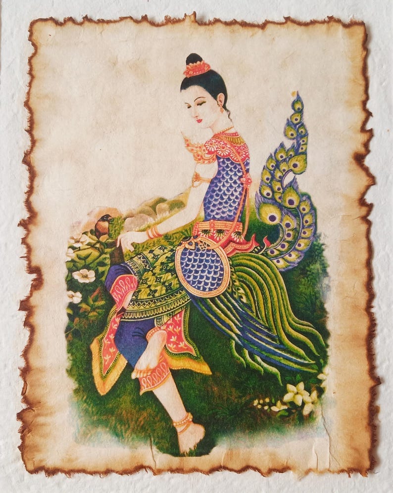 Antique Kinnaree Mythical Art Print on Thai Saa Paper Wall Decor #3 image 1