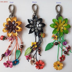 Llavero artesanal de cuero genuino para mujer, llavero con diseño de flor, accesorio para bolso, n.° 8