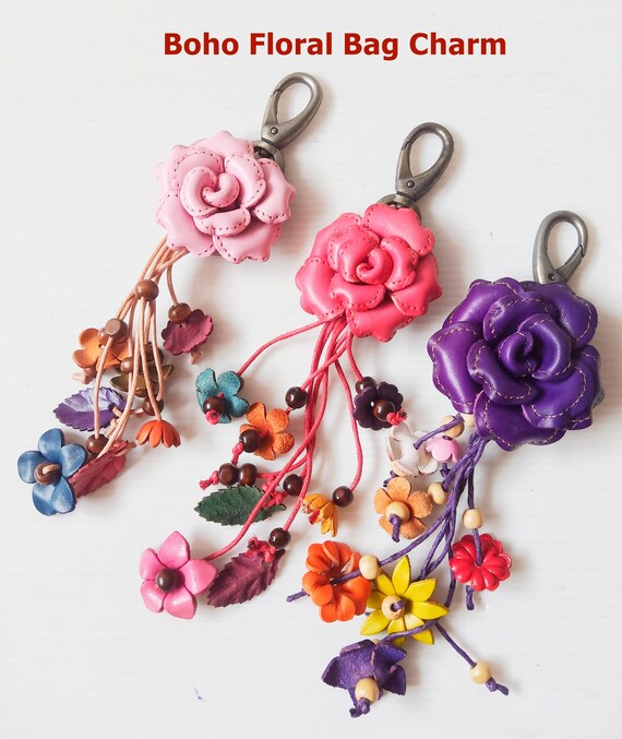 Handmade Layered Leather Rose Keychain, Genuine Floral Bag  display picture 1