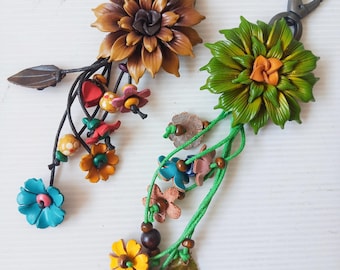 Genuine Leather Handcraft Keychain Women Fashion Flower KeyRing Purse Handbag Charm Accessories No.05-2