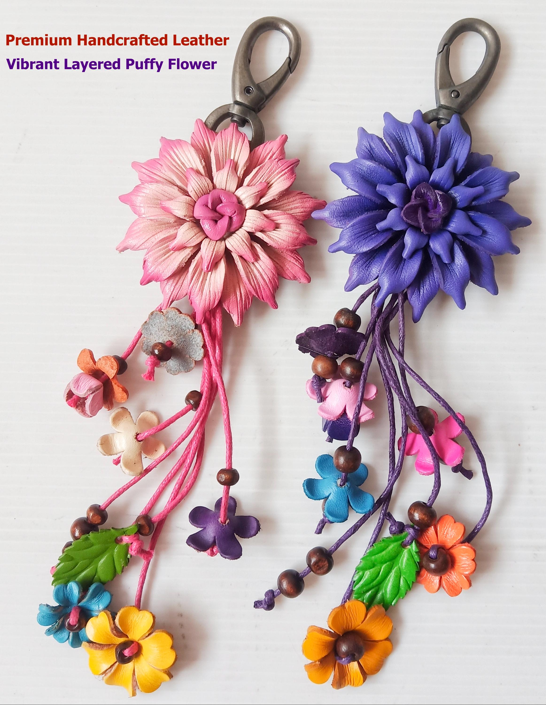 Handmade Puffy Leather Flower Keychain, Floral Tassel Bag Charm No
