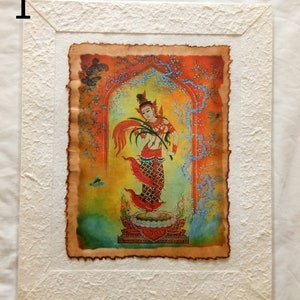 May include: A framed print of a colorful painting depicting a woman in a red and gold dress standing on a platform. The woman is holding a branch with leaves and flowers. The background is a vibrant orange and yellow with a blue and green archway.