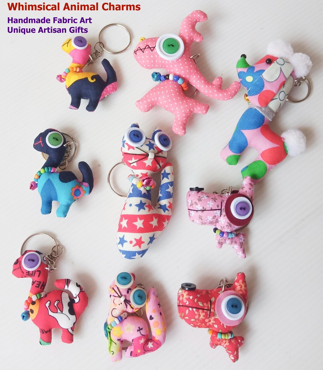 Handmade Fabric Animal Keychains, Cat Poodle Dinosaur Bag Charms ...