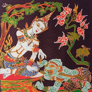 Thai Silk Screen Art Print: Traditional Asian Decor, Hand-Pulled Fabric Art No.N-4