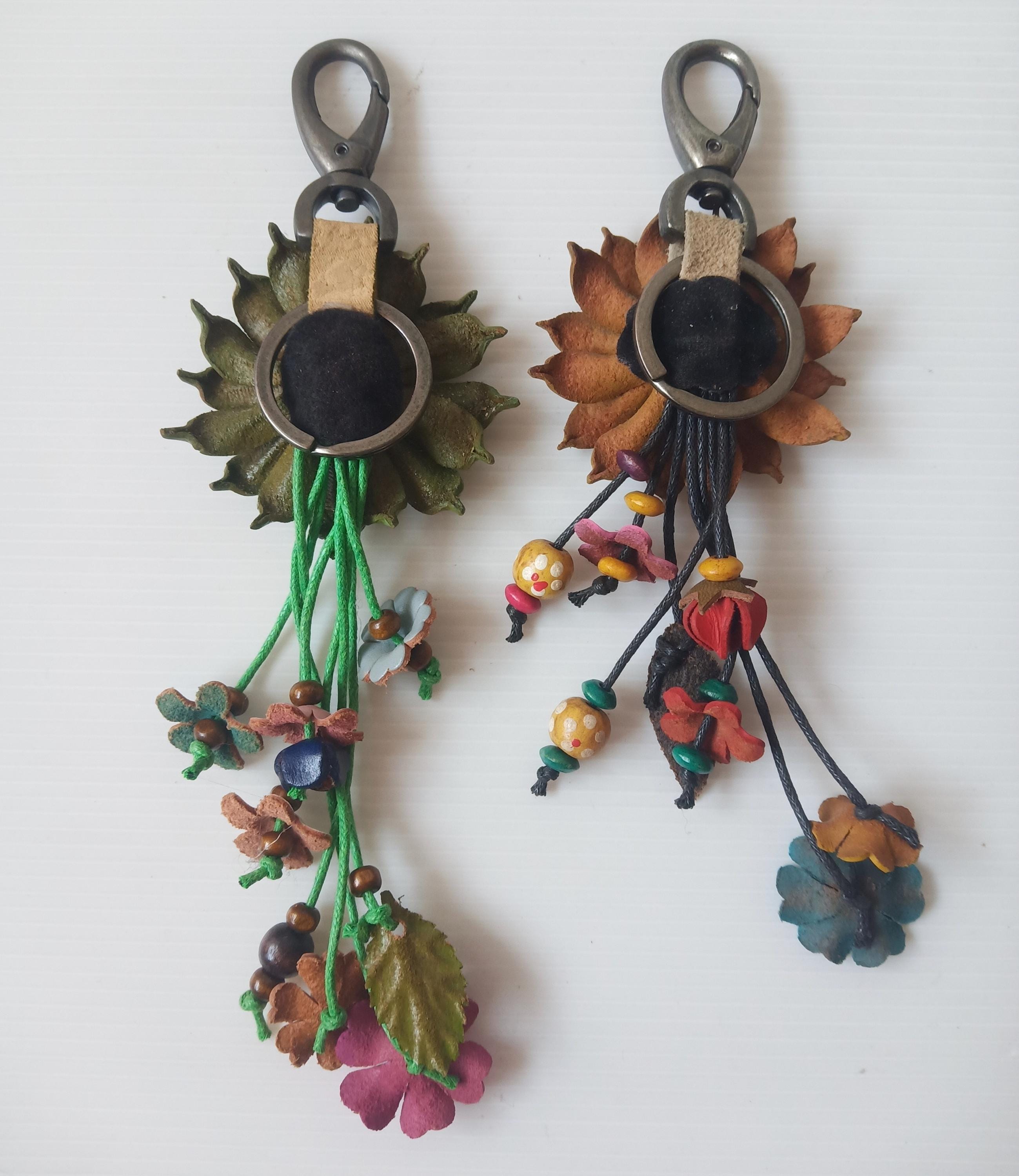Genuine Leather Handcraft Keychain Women Fashion Flower Keyring