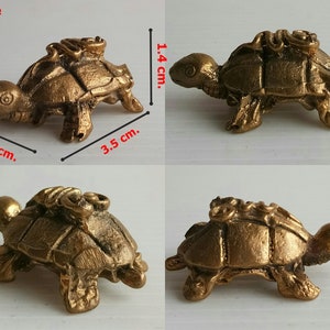 Może przedstawiać: Brązowa figurka ż&oacute;łwia o długości 3,5 cm, szerokości 2,0 cm i wysokości 1,4 cm. Ż&oacute;łw ma szczeg&oacute;łowy pancerz i głowę, z małym elementem dekoracyjnym na grzbiecie. Słowo "Turtle" znajduje się w lewym g&oacute;rnym rogu.