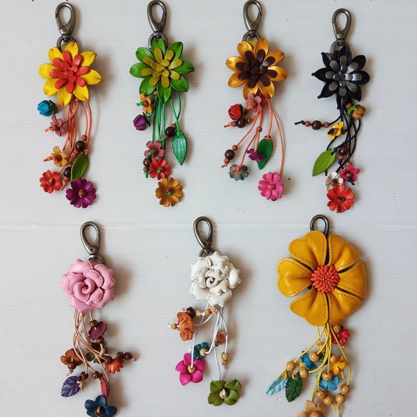 Genuine Leather Handcraft Keychain Women Fashion Flower KeyRing Purse Handbag Charm Accessories No.08-2