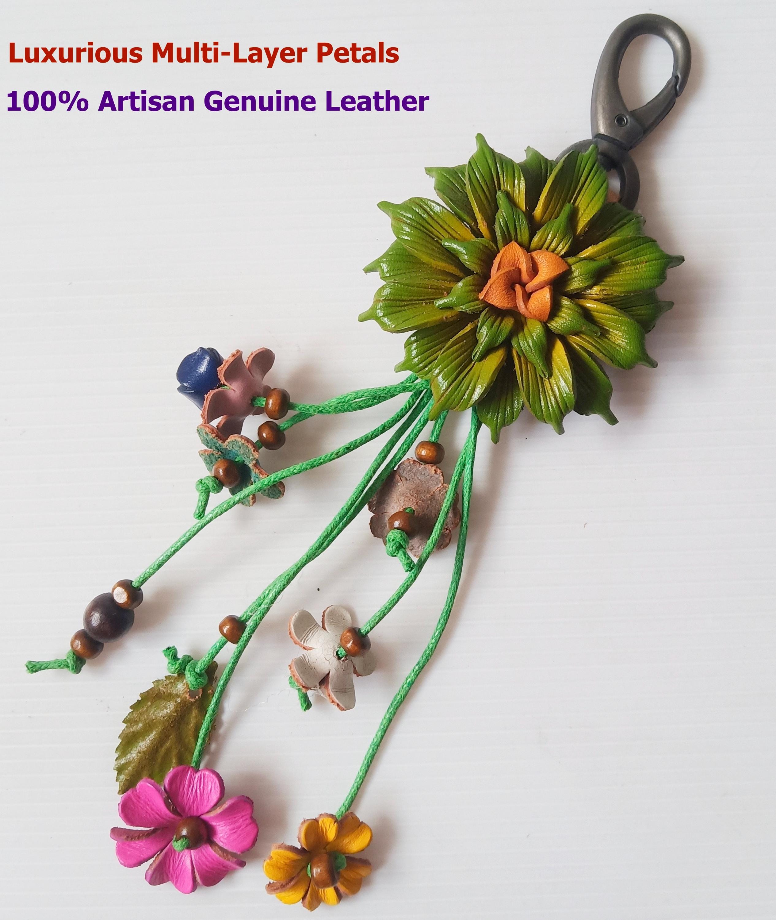 Genuine Leather Handcraft Keychain Women Fashion Flower Keyring