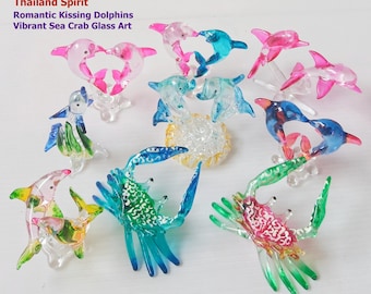 Glass Dolphin Crab Figurine Ocean Sea Animal Hand Blown Art Collectible No.7-1